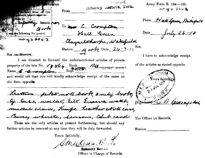 Reg's belongings on Army Form B.104-126 - 74kB jpg