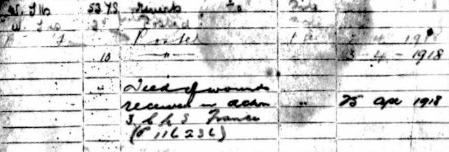 Reg's postings record and confirmation of death at 3CCS - 24kB jpg