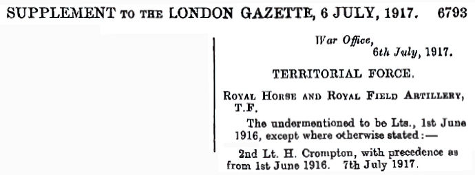 H Crompton
gazetted lieutenant 06jul1917 - 31kB gif