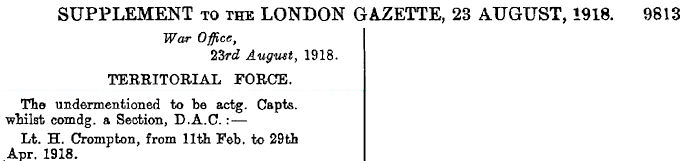 H Crompton gazetted temp, Capt. 28aug1918 - 21kB jpg