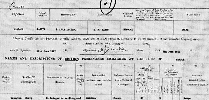 Abstract from the passenger list of the Mantola - 57kB jpg