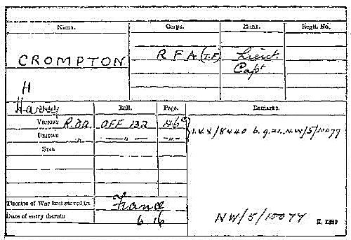 Harry Crompton's medal index card - 48kB jpg