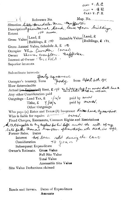 Little Houndales 1910 Valuation Survey, page 1 - 62kB jpg