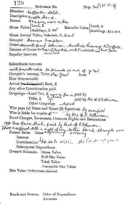 Nafferton Wolds Valuation Survey 1910, page 1 of 4 - 68kB jpg
