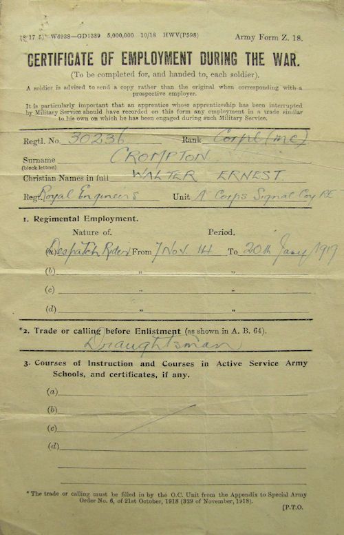 Walter Crompton's certificate of wartime employment - 69kB jpg