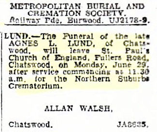 Agnes Lund's death notice - 28kB jpg