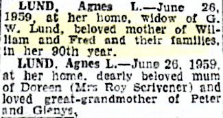 Agnes Lund's death notice - 24kB jpg