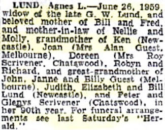 Agnes Lund's death notice - 34kB jpg