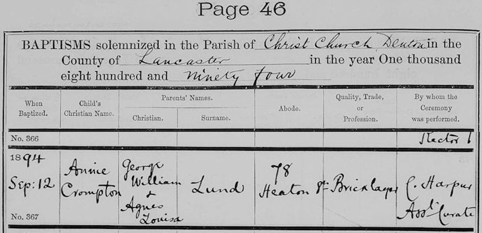 Annie Lund's baptism record - 50kB jpg