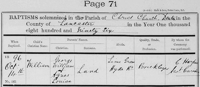 Fred Lund's baptism record - 50kB jpg
