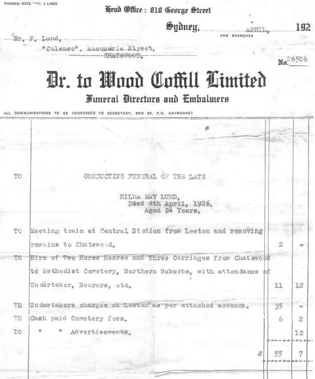 Hilda Lund's funeral bill - 62kB jpg