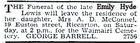 Emily Hyde Lewis' funeral notice - 26kB jpg