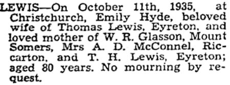 Emily Hyde Lewis' death notice - 25kB jpg