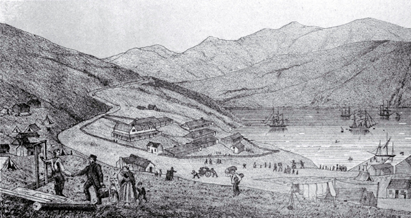 A lithograph of Lyttleton harbour from Cressey - 140Kb jpg