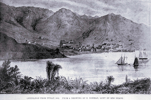 A lithograph of Lyttleton harbour from Puarau in 1852 - 190Kb jpg