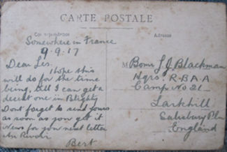 Postcard from HH Blackman 09 September 1917 - 15kB jpg