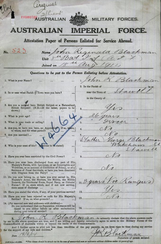 JR Blackman's attestation paper, page 1 - 104kB jpg