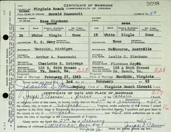 Kaye Blackman's marriage certificate - 110kB jpg