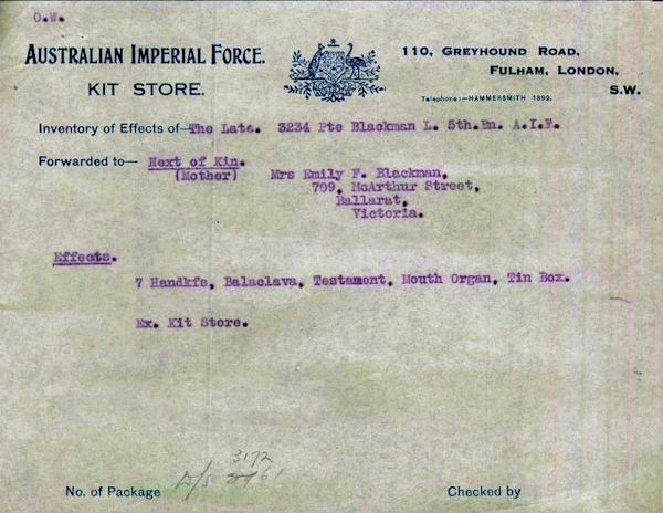 Letter confirming LCB's personal effects - 168kB gif