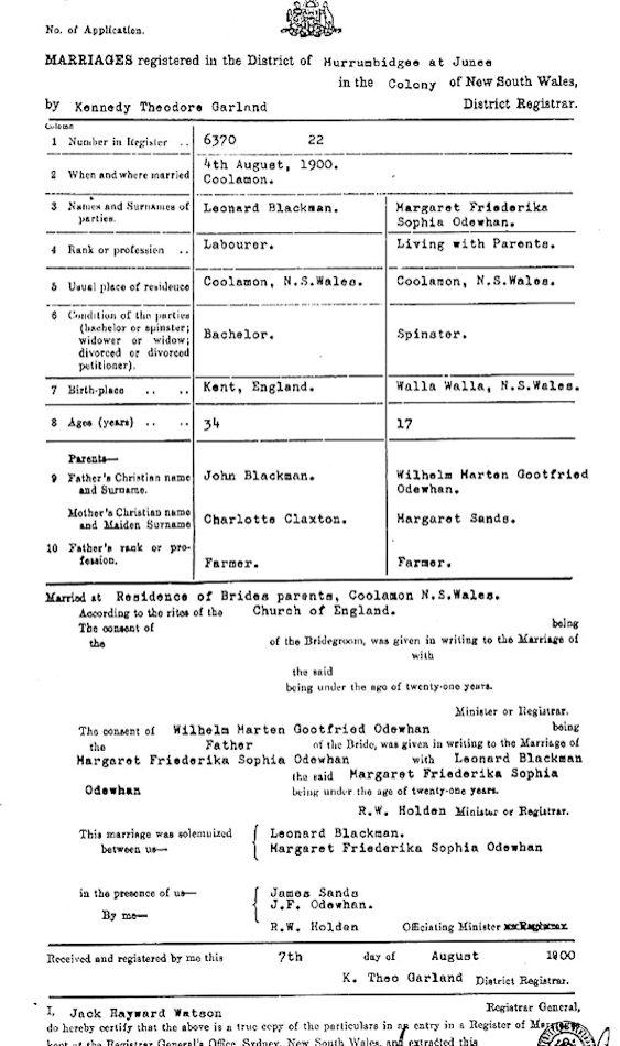 Leonard Blackman's marriage cetrificate - 102kB jpg