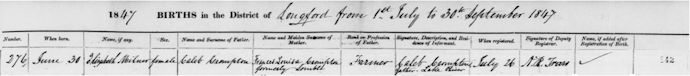 Elizabeth milner Crompton's birth certificate 1847- 14kB jpg