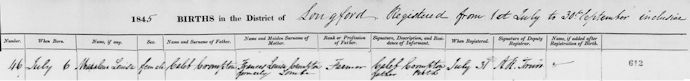 Maralena Crompton's birth certificate 1845 - 14kB jpg