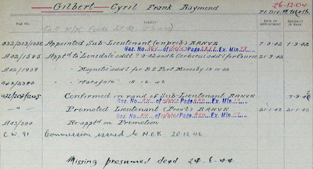 Cyril Gilbert's naval record - 52kB jpg