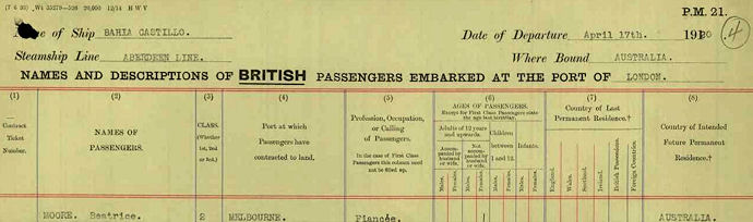 Beatrice Moore's embarkation record - 34kB jpg