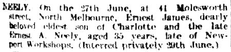Ernest James Neely death notice Argus 03 July 1917 - 17kB jpg