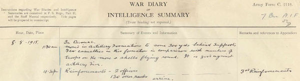 7/Bn War Diary 08 May 1915 - 20kB jpg
