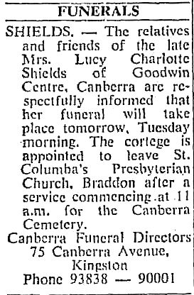 Lucy Shield's funeral note - 45kB jpg