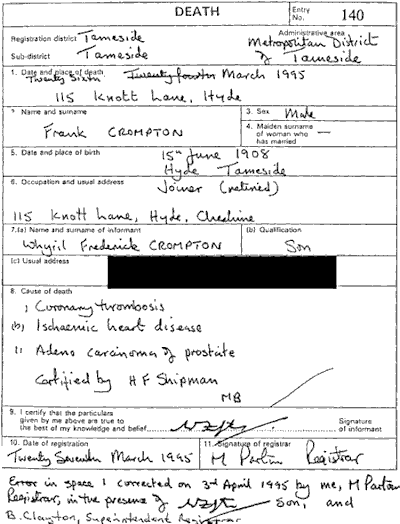 Frank Crompton's death certificate - 19kB gif