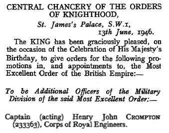 Henry john Crompton MBE Gazette - 5kB gif