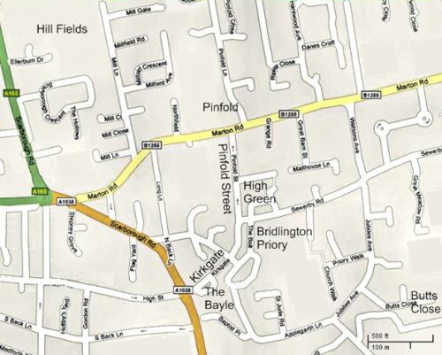 Map showing modern roads around Thomas Crompton's properties  - 45kB jpg