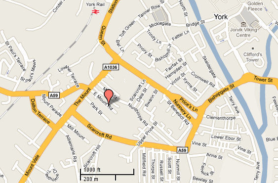 Map locating East M0unt Road, York - 66kB jpg