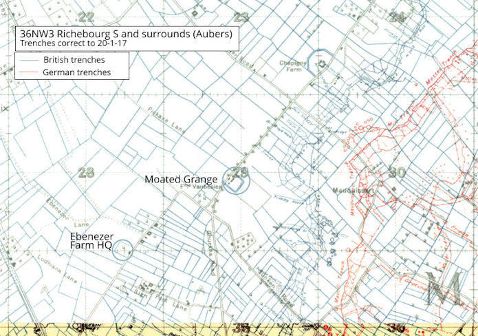 Trench map locating Moated Farm - 115kB jpg