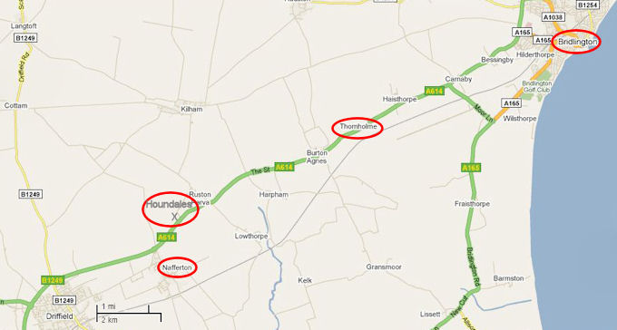 A modern map locating Thornholme - 36kB jpg