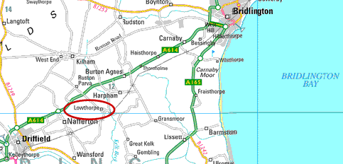 Link to larger map.<br>View at 125%<br>Use BACK arrow to return to this page.<br>Map locating Lowthorpe - 20Kb gif