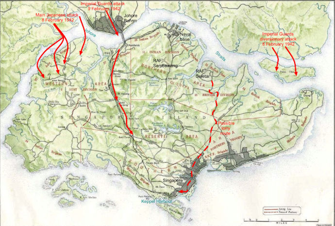 Singapore map showing Geoff's escape - 101kB jpg