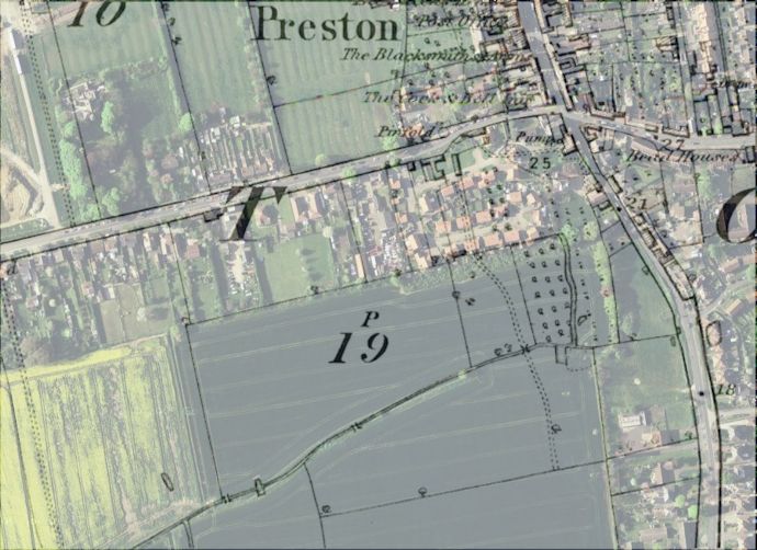 The 1855 OS map over laying a 2014 aerial photograph showing the probable location of Thomas' death - 77kB jpg