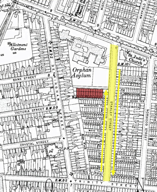 Map locating Brooklyn Villas, Stanley Street - 167kB jpg