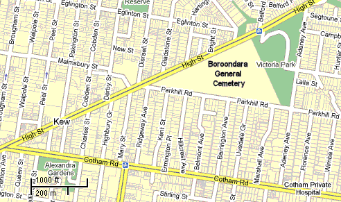 Map locating Boroondara General Cemetery - 38kB gif