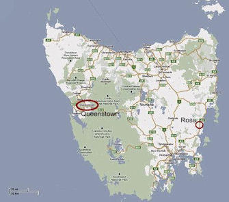 A map locating Ross and Queenstown, Tasmania - 38kB jpg