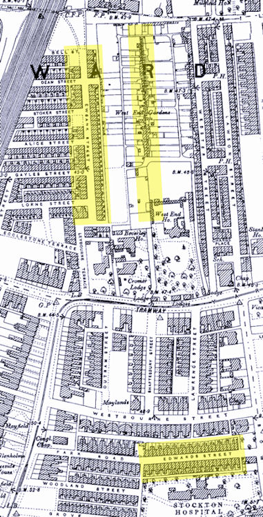 Edward Street, Ewing Street and Tarrung Street, Stockton 1899 - 133kB jpg