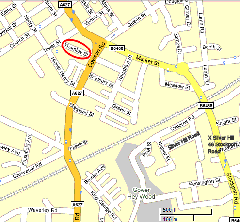 Map locating Silver Hill Road, Hyde - 32kB gif