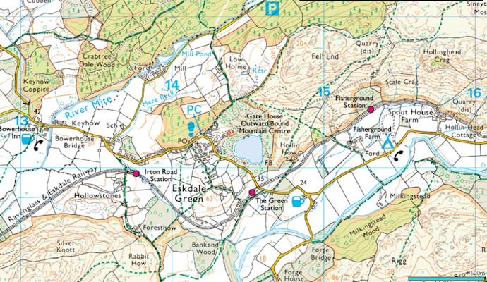OS map locating the Outward Bound Centre, Eskdale - 136kB jpg