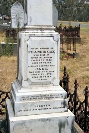 Francis and Jane Cox's headstone Clunes - 35kB jpg