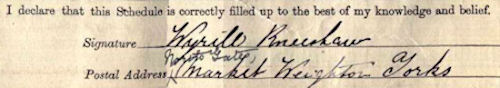 Wyrill Kneeshaw's signature 1911 census - 14kB jpg